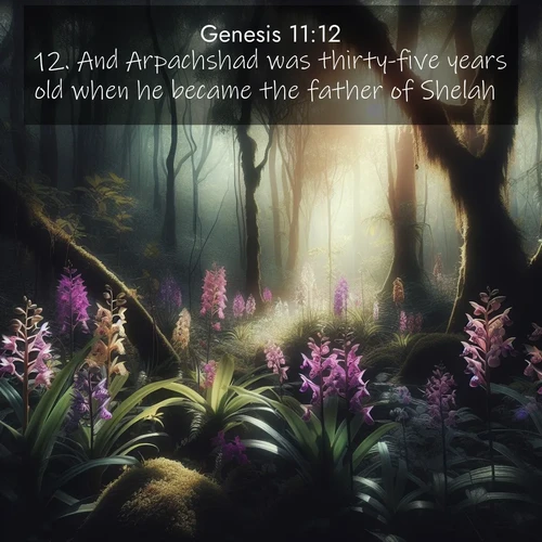 BasicEnglish Genesis  ; image nature: image with the bible verse :And Arpachshad was thirty-five years old when he became the father of Shelah: ; Explore Bible verse images highlighting the beauty of spring, with vibrant flowers, butterflies, and blossoming fruit trees. These scenes evoke divine hope and renewal. Download inspiring verses like KJV Genesis 11:12. Current verse is overlayed with the thematic nature scene : Wild orchids bloom in forest shade. Filtered light reveals their grace. ; 11:12