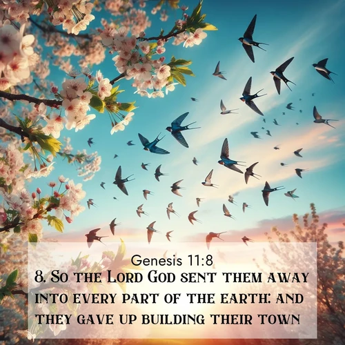BasicEnglish Genesis  ; image nature: image with the bible verse :So the Lord God sent them away into every part of the earth: and they gave up building their town. ; Download Bible verse images featuring vibrant photos of nature, from snowy landscapes to golden deserts. These free images are perfect for phone wallpapers, desktop backgrounds, or sharing. Verses include KJV Genesis 11:8. Current verse is overlayed with the thematic nature scene : Spring migration fills the sky with countless swallows. ; 11:8