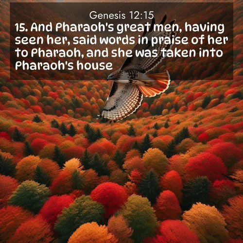 BasicEnglish Genesis  ; image nature: image with the bible verse :And Pharaoh&#039;s great men, having seen her, said words in praise of her to Pharaoh, and she was taken into Pharaoh&#039;s house. ; Admire our autumnal collection of Bible verse images accompanied by photos of paths lined with red and yellow leaves, fiery forests, and calm rivers. These images inspire reflection and serenity. Share verses like KJV Genesis 12:15. Current verse is overlayed with the thematic nature scene : A red-tailed hawk circles above autumn woods. Leaves below form a mosaic of fire. ; 12:15