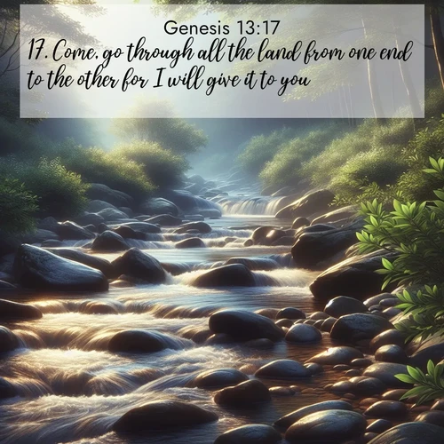 BasicEnglish Genesis  ; image nature: image with the bible verse :Come, go through all the land from one end to the other for I will give it to you. ; Explore our vast collection of images featuring beautifully illustrated Bible verses accompanied by nature photos. Discover inspiring and motivating verses paired with soothing landscapes, like shimmering lakes, majestic mountains, and lush forests. Our images highlight the peaceful beauty of God&#039;s creation with vibrant colors and varied fonts. Download and share verse images like KJV Genesis 13:17. Current verse is overlayed with the thematic nature scene : A mountain stream tumbles over smooth rocks between banks of mountain laurel. ; 13:17