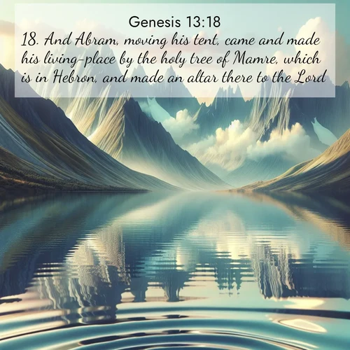 BasicEnglish Genesis  ; image nature: image with the bible verse :And Abram, moving his tent, came and made his living-place by the holy tree of Mamre, which is in Hebron, and made an altar there to the Lord. ; Discover tranquil Bible verse images enhanced with natural scenery like rippling brooks, snow-covered fields, and sunlit beaches. These free images are perfect for wallpapers or spiritual reflection. Share KJV Genesis 13:18. Current verse is overlayed with the thematic nature scene : Mountain lakes mirror perfect peaks. Wind ripples shatter reflections. ; 13:18