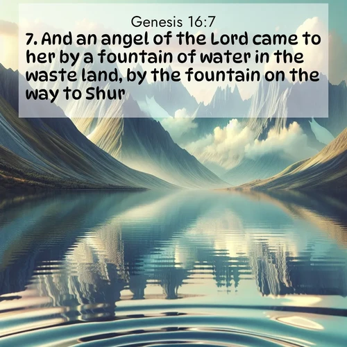 BasicEnglish Genesis  ; image nature: image with the bible verse :And an angel of the Lord came to her by a fountain of water in the waste land, by the fountain on the way to Shur. ; Dive into our collection of Bible verses paired with coastal scenes, featuring calming waves, infinite beaches, and reflections of the sun on the water. These images evoke the peace and beauty of God. Share verses like KJV Genesis 16:7. Current verse is overlayed with the thematic nature scene : Mountain lakes mirror perfect peaks. Wind ripples shatter reflections. ; 16:7