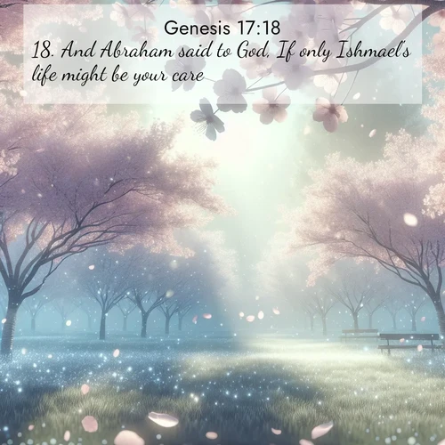BBE Genesis 17:18 overlaying nature image scene: Spring rain falls on cherry trees in full bloom, petals drifting like snow.;18. And Abraham said to God, If only Ishmael's life might be your care!