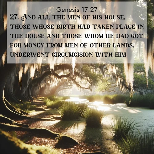 BBE Genesis 17:27 overlaying nature image scene: Summer afternoon light filters through Spanish moss in a bayou.;27. And all the men of his house, those whose birth had taken place in the house and those whom he had got for money from men of other lands, underwent circumcision with him.