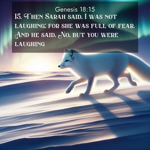 BBE Genesis 18:15 overlaying nature image scene: An arctic fox hunts across windswept tundra. Northern lights paint its white coat in pastels.;15. Then Sarah said, I was not laughing; for she was full of fear. And he said, No, but you were laughing.