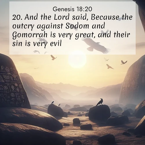 BBE Genesis 18:20 overlaying nature image scene: Desert petroglyphs tell ancient stories. Ravens soar past wearing shadows for wings.;20. And the Lord said, Because the outcry against Sodom and Gomorrah is very great, and their sin is very evil,