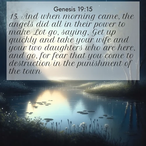 BasicEnglish Genesis  ; image nature: image with the bible verse :And when morning came, the angels did all in their power to make Lot go, saying, Get up quickly and take your wife and your two daughters who are here, and go, for fear that you come to destruction in the punishment of the town. ; Explore our vast collection of images featuring beautifully illustrated Bible verses accompanied by nature photos. Discover inspiring and motivating verses paired with soothing landscapes, like shimmering lakes, majestic mountains, and lush forests. Our images highlight the peaceful beauty of God&#039;s creation with vibrant colors and varied fonts. Download and share verse images like KJV Genesis 19:15. Current verse is overlayed with the thematic nature scene : Spring peepers call from a pond reflecting the first evening stars. ; 19:15