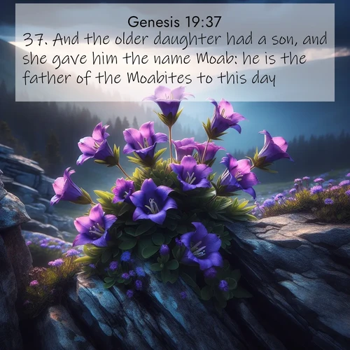 BasicEnglish Genesis  ; image nature: image with the bible verse :And the older daughter had a son, and she gave him the name Moab: he is the father of the Moabites to this day. ; Explore an inspiring selection of Bible verse images adorned with nature photos, such as starry skies, verdant hills, and golden beaches. Each image reflects the peace and beauty of God&#039;s creation with vibrant colors and varied fonts. Share uplifting verses like KJV Genesis 19:37. Current verse is overlayed with the thematic nature scene : Wild gentians bloom in rocky cracks. Summer storms gather above treeline. ; 19:37