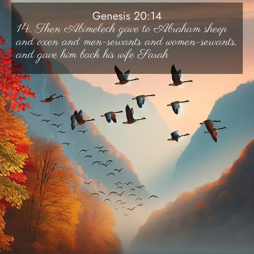 BasicEnglish Genesis  ; image nature: image with the bible verse :Then Abimelech gave to Abraham sheep and oxen and men-servants and women-servants, and gave him back his wife Sarah. ; Admire our autumnal collection of Bible verse images accompanied by photos of paths lined with red and yellow leaves, fiery forests, and calm rivers. These images inspire reflection and serenity. Share verses like KJV Genesis 20:14. Current verse is overlayed with the thematic nature scene : Wild geese arrow through autumn skies. Their calls echo off mountain walls. ; 20:14