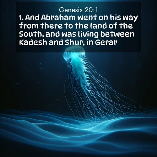 BBE Genesis 20:1 overlaying nature image scene: A lone jellyfish pulses through midnight waters. Its bioluminescent tendrils paint trails of azure light in the depths.;1. And Abraham went on his way from there to the land of the South, and was living between Kadesh and Shur, in Gerar.