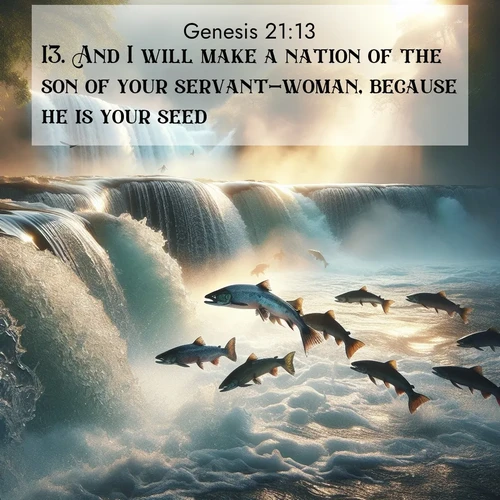 BasicEnglish Genesis  ; image nature: image with the bible verse :And I will make a nation of the son of your servant-woman, because he is your seed. ; Admire Bible verse images capturing the beauty of beaches, with turquoise waters, palm trees, and peaceful shores. These soothing scenes reflect God&#039;s serenity and majesty. Download and share verses like KJV Genesis 21:13. Current verse is overlayed with the thematic nature scene : Wild salmon leap ancient waterfalls. Mist rises like spirits in morning light. ; 21:13