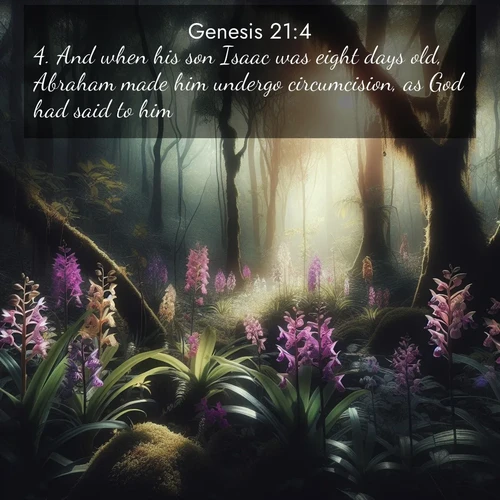 BasicEnglish Genesis  ; image nature: image with the bible verse :And when his son Isaac was eight days old, Abraham made him undergo circumcision, as God had said to him. ; Admire our autumnal collection of Bible verse images accompanied by photos of paths lined with red and yellow leaves, fiery forests, and calm rivers. These images inspire reflection and serenity. Share verses like KJV Genesis 21:4. Current verse is overlayed with the thematic nature scene : Wild orchids bloom in forest shade. Filtered light reveals their grace. ; 21:4