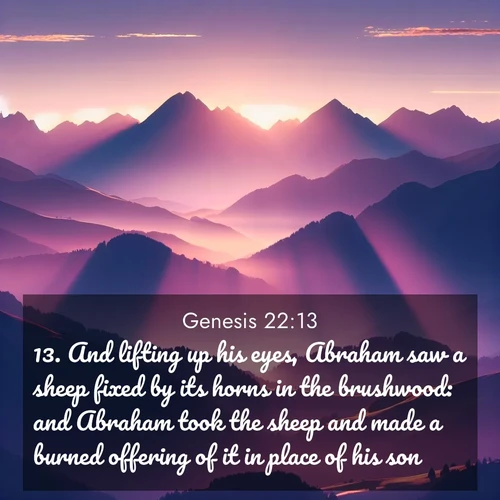 BBE Genesis 22:13 overlaying nature image scene: Morning sun ignites mountain peaks. Valleys still sleep in purple shadow.;13. And lifting up his eyes, Abraham saw a sheep fixed by its horns in the brushwood: and Abraham took the sheep and made a burned offering of it in place of his son.