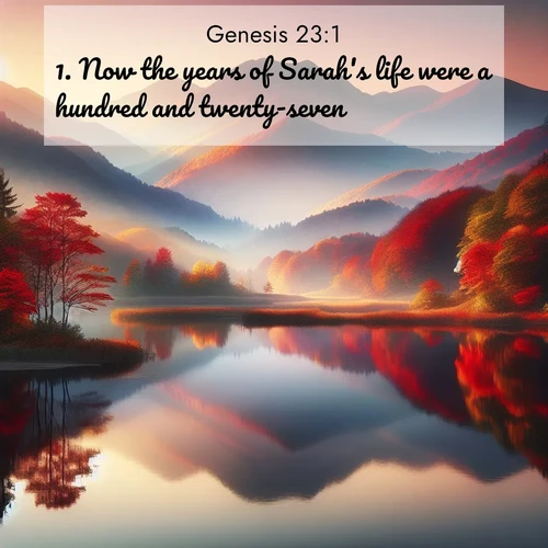 BasicEnglish Genesis  ; image nature: image with the bible verse :Now the years of Sarah&#039;s life were a hundred and twenty-seven. ; Browse beautiful Bible verse images accompanied by peaceful scenes like calm seas, ancient forests, and radiant horizons. Download high-quality, free images featuring verses such as KJV Genesis 23:1. Current verse is overlayed with the thematic nature scene : Autumn colors reflect in a still mountain lake at sunrise. ; 23:1