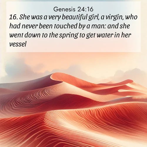 BasicEnglish Genesis  ; image nature: image with the bible verse :She was a very beautiful girl, a virgin, who had never been touched by a man: and she went down to the spring to get water in her vessel. ; Access a vast collection of Bible verse images illustrated with natural landscapes like calm rivers, blooming fields, and bright horizons. These images emphasize the serenity and splendor of God&#039;s creation, accompanied by aesthetic fonts and joyful colors. Download verses like KJV Genesis 24:16 and share them. Current verse is overlayed with the thematic nature scene : Desert wind sculpts perfect ripples in red sand. Twilight paints the dunes in watercolor hues. ; 24:16