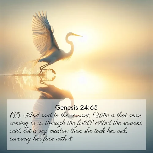 BasicEnglish Genesis  ; image nature: image with the bible verse :And said to the servant, Who is that man coming to us through the field? And the servant said, It is my master: then she took her veil, covering her face with it. ; Download Bible verse images paired with breathtaking nature photos like golden deserts, shimmering seas, and blossoming orchards. These high-quality, free images are perfect for wallpapers or sharing. Verses include KJV Genesis 24:65. Current verse is overlayed with the thematic nature scene : A great egret lifts from mirror-still water. Sunrise sets its wings ablaze. ; 24:65