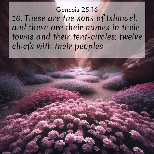BasicEnglish Genesis  ; image nature: image with the bible verse :These are the sons of Ishmael, and these are their names in their towns and their tent-circles; twelve chiefs with their peoples. ; Browse high-resolution Bible verse images featuring stunning nature photography, such as radiant sunsets, tranquil rivers, and blooming fields. Perfect for wallpapers or sharing on social media. Download KJV Genesis 25:16. Current verse is overlayed with the thematic nature scene : Desert verbena carpets hidden canyons. Flash flood waters carved these gardens. ; 25:16