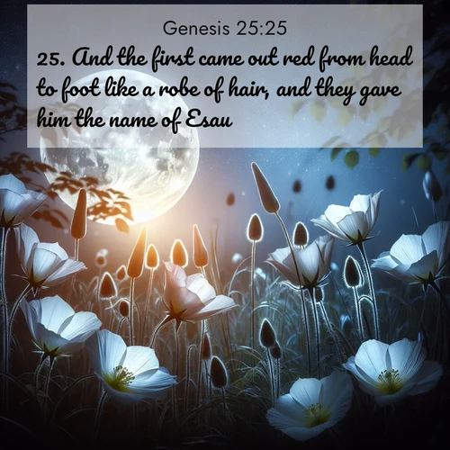 BasicEnglish Genesis  ; image nature: image with the bible verse :And the first came out red from head to foot like a robe of hair, and they gave him the name of Esau. ; Explore a rich collection of Bible verse images beautifully illustrated by natural landscapes, such as colorful skies, towering mountains, and tranquil rivers. The images highlight the serenity of God&#039;s creation with vivid tones and carefully chosen typography. Download and share inspiring verses like KJV Genesis 25:25. Current verse is overlayed with the thematic nature scene : Moonflowers open to the rising full moon. Night insects hum in harmony. ; 25:25