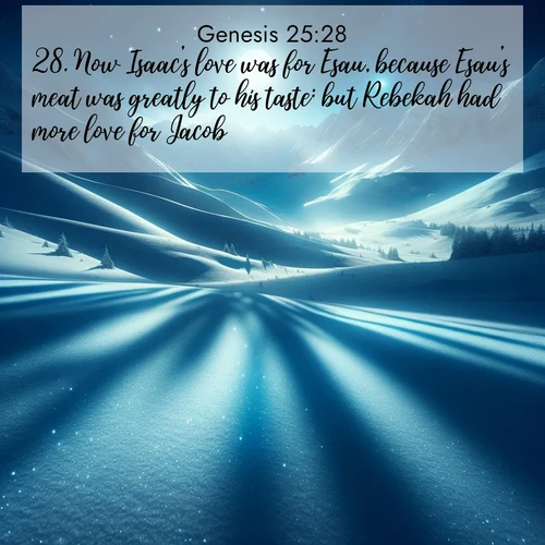 BasicEnglish Genesis  ; image nature: image with the bible verse :Now Isaac&#039;s love was for Esau, because Esau&#039;s meat was greatly to his taste: but Rebekah had more love for Jacob. ; Explore our vast collection of images featuring beautifully illustrated Bible verses accompanied by nature photos. Discover inspiring and motivating verses paired with soothing landscapes, like shimmering lakes, majestic mountains, and lush forests. Our images highlight the peaceful beauty of God&#039;s creation with vibrant colors and varied fonts. Download and share verse images like KJV Genesis 25:28. Current verse is overlayed with the thematic nature scene : Moonlight illuminates the snowy mountain peaks, casting blue shadows across untouched powder. ; 25:28