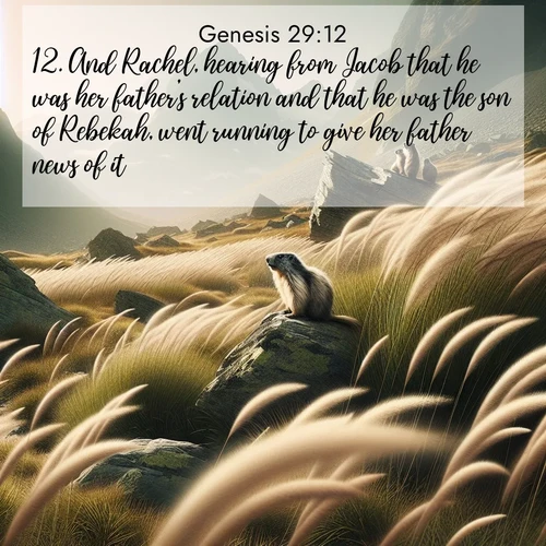 BasicEnglish Genesis  ; image nature: image with the bible verse :And Rachel, hearing from Jacob that he was her father&#039;s relation and that he was the son of Rebekah, went running to give her father news of it. ; Explore free Bible verse images with stunning nature themes, including sunlit paths, forest clearings, and endless horizons. Perfect for desktop backgrounds or phone wallpapers. Verses include KJV Genesis 29:12. Current verse is overlayed with the thematic nature scene : Mountain meadow grasses bend in alpine wind. Marmots whistle warnings from rocky outcrops. ; 29:12