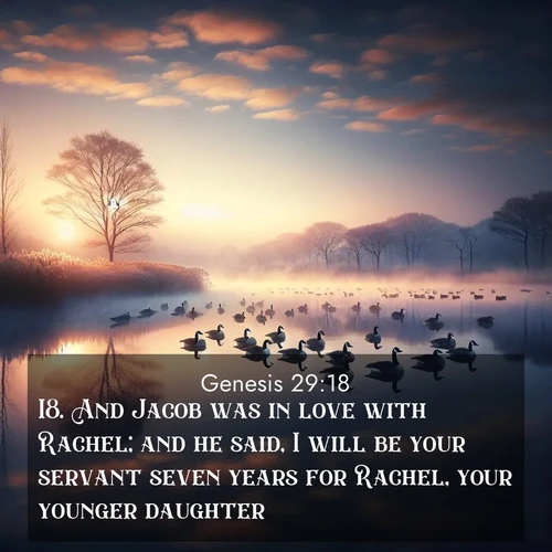 BasicEnglish Genesis  ; image nature: image with the bible verse :And Jacob was in love with Rachel; and he said, I will be your servant seven years for Rachel, your younger daughter. ; Download Bible verse images featuring vibrant photos of nature, from snowy landscapes to golden deserts. These free images are perfect for phone wallpapers, desktop backgrounds, or sharing. Verses include KJV Genesis 29:18. Current verse is overlayed with the thematic nature scene : Wild geese rest on still waters. Dawn mist rises like dreams. ; 29:18
