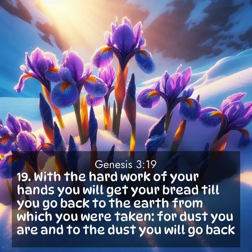 BasicEnglish Genesis  ; image nature: image with the bible verse :With the hard work of your hands you will get your bread till you go back to the earth from which you were taken: for dust you are and to the dust you will go back. ; Discover Bible verses beautifully integrated with natural scenes of varied seasons, featuring summer skies, winter snow, autumn leaves, and spring blooms. Each image captures the splendor and peace of God&#039;s creation. Share verses like KJV Genesis 3:19. Current verse is overlayed with the thematic nature scene : Wild iris blooms pierce through melting snow. Alpine sunlight ignites their petals. ; 3:19