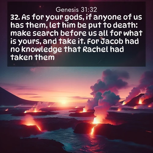 BasicEnglish Genesis  ; image nature: image with the bible verse :As for your gods, if anyone of us has them, let him be put to death: make search before us all for what is yours, and take it. For Jacob had no knowledge that Rachel had taken them. ; Dive into our collection of Bible verse images combined with sublime nature photos, such as graceful waterfalls, radiant sunsets, and endless meadows. These compositions highlight the peace and harmony of God&#039;s creation with vivid colors and carefully integrated text. Download and share verses like KJV Genesis 31:32. Current verse is overlayed with the thematic nature scene : Lava flows meet the ocean at twilight, sending plumes of steam skyward. Stars emerge one by one above the cosmic display. ; 31:32