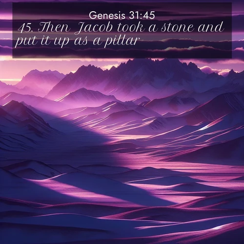 BasicEnglish Genesis  ; image nature: image with the bible verse :Then Jacob took a stone and put it up as a pillar. ; Download high-resolution Bible verse images showcasing the beauty of God&#039;s creation—from radiant sunsets to tranquil rivers. Free for use as wallpapers or sharing verses like KJV Genesis 31:45. Current verse is overlayed with the thematic nature scene : Morning light ignites mountain snow. Valleys sleep in purple shadow. ; 31:45