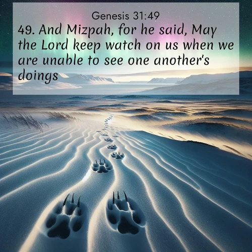 BasicEnglish Genesis  ; image nature: image with the bible verse :And Mizpah, for he said, May the Lord keep watch on us when we are unable to see one another&#039;s doings. ; Discover our unique collection of Bible verse images integrated with photos showcasing the majesty of nature, such as rocky mountains, ancient trees, and crystal-clear lakes. These images feature luminous colors and text in varied fonts, reflecting the harmony of God&#039;s creation. Download verses like KJV Genesis 31:49. Current verse is overlayed with the thematic nature scene : Arctic fox tracks cross windswept tundra. Northern lights pulse overhead in cosmic rhythm. ; 31:49