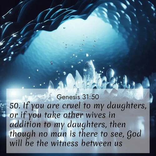 BasicEnglish Genesis  ; image nature: image with the bible verse :If you are cruel to my daughters, or if you take other wives in addition to my daughters, then though no man is there to see, God will be the witness between us. ; Explore serene Bible verse images adorned with photos of divine creation—tranquil beaches, snowy mountains, and starry skies. Each image is free to download and share. Verses include KJV Genesis 31:50. Current verse is overlayed with the thematic nature scene : Ice caves glow with ethereal blue light. Water drops create crystalline music. ; 31:50