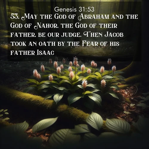 BasicEnglish Genesis  ; image nature: image with the bible verse :May the God of Abraham and the God of Nahor, the God of their father, be our judge. Then Jacob took an oath by the Fear of his father Isaac. ; Admire our free collection of Bible verse images with beautiful landscapes like sunlit forests, rippling waters, and radiant dawns. Each verse, such as KJV Genesis 31:53, is ready to download and share. Current verse is overlayed with the thematic nature scene : Wild ginger blooms hidden in forest shadows. Filtered sunlight reveals their secret beauty. ; 31:53