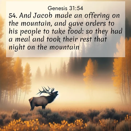 BasicEnglish Genesis  ; image nature: image with the bible verse :And Jacob made an offering on the mountain, and gave orders to his people to take food: so they had a meal and took their rest that night on the mountain. ; Explore beautiful Bible verse images paired with serene natural settings, such as calm seas, snowy paths, and verdant hills. Each image is free to download for your spiritual inspiration. Share KJV Genesis 31:54. Current verse is overlayed with the thematic nature scene : A bull elk bugles across a misty valley. Aspen leaves quake golden in response. ; 31:54