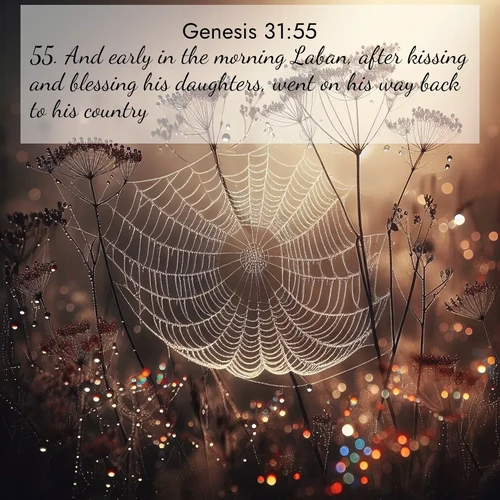 BasicEnglish Genesis  ; image nature: image with the bible verse :And early in the morning Laban, after kissing and blessing his daughters, went on his way back to his country. ; Explore free Bible verse images with stunning nature themes, including sunlit paths, forest clearings, and endless horizons. Perfect for desktop backgrounds or phone wallpapers. Verses include KJV Genesis 31:55. Current verse is overlayed with the thematic nature scene : Morning fog reveals spider galaxies. Dew drops capture rainbow light. ; 31:55