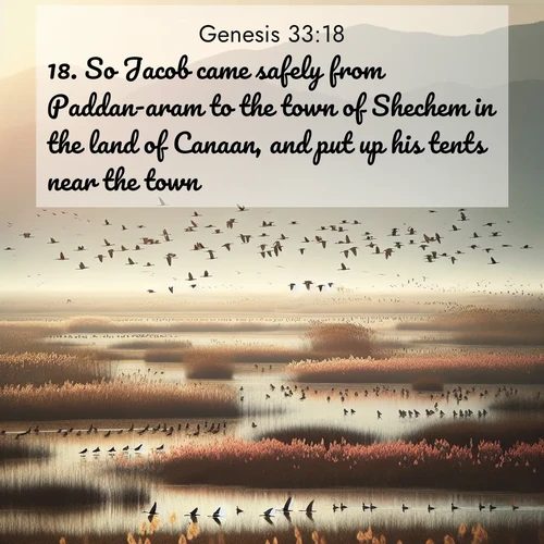 BasicEnglish Genesis  ; image nature: image with the bible verse :So Jacob came safely from Paddan-aram to the town of Shechem in the land of Canaan, and put up his tents near the town. ; Discover beautiful Bible verse images enriched with natural landscapes, from serene beaches to cascading waterfalls. All images are free and ready to download. Share verses such as KJV Genesis 33:18. Current verse is overlayed with the thematic nature scene : Spring migration fills marshlands with calling birds. ; 33:18