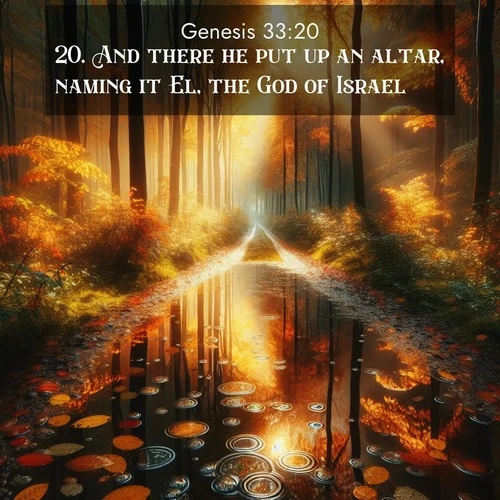 BasicEnglish Genesis  ; image nature: image with the bible verse :And there he put up an altar, naming it El, the God of Israel. ; Explore Bible verses paired with beach photos, where waves gently crash on the sand and the sky glows with pastel hues at sunset. These scenes convey deep serenity. Download verses like KJV Genesis 33:20. Current verse is overlayed with the thematic nature scene : Autumn colors reflect in rain puddles on a forest path. ; 33:20