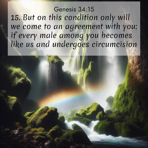 BBE Genesis 34:15 overlaying nature image scene: A waterfall thunders through ancient moss-covered rocks while rainbow mist rises where water meets stone.;15. But on this condition only will we come to an agreement with you: if every male among you becomes like us and undergoes circumcision;