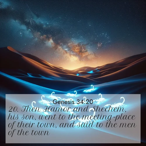 BBE Genesis 34:20 overlaying nature image scene: Desert scorpions glow under black light. Stars wheel in infinite darkness.;20. Then Hamor and Shechem, his son, went to the meeting-place of their town, and said to the men of the town,