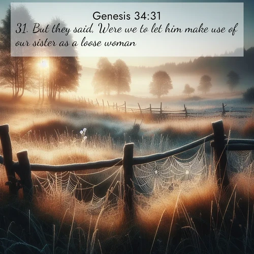 BBE Genesis 34:31 overlaying nature image scene: Morning frost coats spider webs stretched between fence posts in a country meadow.;31. But they said, Were we to let him make use of our sister as a loose woman?