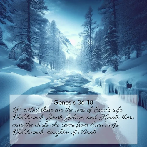 BasicEnglish Genesis  ; image nature: image with the bible verse :And these are the sons of Esau&#039;s wife Oholibamah: Jeush, Jalam, and Korah: these were the chiefs who came from Esau&#039;s wife Oholibamah, daughter of Anah. ; Access a vast collection of Bible verse images illustrated with natural landscapes like calm rivers, blooming fields, and bright horizons. These images emphasize the serenity and splendor of God&#039;s creation, accompanied by aesthetic fonts and joyful colors. Download verses like KJV Genesis 36:18 and share them. Current verse is overlayed with the thematic nature scene : A mountain stream disappears beneath winter ice. Its song continues in hidden chambers. ; 36:18