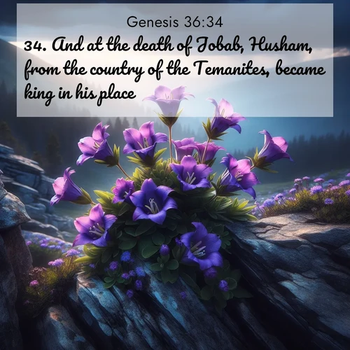 BasicEnglish Genesis  ; image nature: image with the bible verse :And at the death of Jobab, Husham, from the country of the Temanites, became king in his place. ; Browse beautiful Bible verse images accompanied by peaceful scenes like calm seas, ancient forests, and radiant horizons. Download high-quality, free images featuring verses such as KJV Genesis 36:34. Current verse is overlayed with the thematic nature scene : Wild gentians bloom in rocky cracks. Summer storms gather above treeline. ; 36:34
