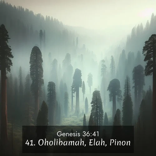 BasicEnglish Genesis  ; image nature: image with the bible verse :Oholibamah, Elah, Pinon, ; Browse beautiful Bible verse images accompanied by peaceful scenes like calm seas, ancient forests, and radiant horizons. Download high-quality, free images featuring verses such as KJV Genesis 36:41. Current verse is overlayed with the thematic nature scene : Ancient sequoias pierce through valley fog. Centuries of growth reach for filtered light. ; 36:41