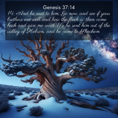 BasicEnglish Genesis  ; image nature: image with the bible verse :And he said to him, Go now, and see if your brothers are well and how the flock is; then come back and give me word. So he sent him out of the valley of Hebron, and he came to Shechem. ; Browse our collection of vibrant Bible verse images set against calming backdrops like tropical shores, quiet woods, and majestic mountains. Download free wallpapers featuring KJV Genesis 37:14. Current verse is overlayed with the thematic nature scene : Ancient bristlecone pine twists against a navy twilight sky, its gnarled branches laden with fresh snow. The Milky Way arcs overhead in crystalline clarity. ; 37:14