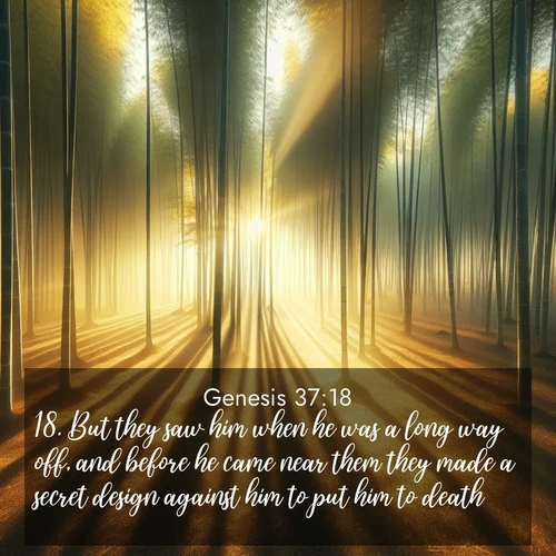 BBE Genesis 37:18 overlaying nature image scene: Morning mist parts to reveal a pristine bamboo grove. Golden light filters through the stems, casting striped shadows.;18. But they saw him when he was a long way off, and before he came near them they made a secret design against him to put him to death;