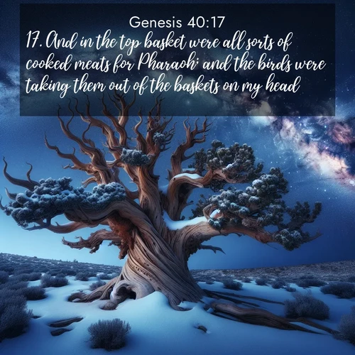 BasicEnglish Genesis  ; image nature: image with the bible verse :And in the top basket were all sorts of cooked meats for Pharaoh; and the birds were taking them out of the baskets on my head. ; Admire Bible verse images capturing the beauty of beaches, with turquoise waters, palm trees, and peaceful shores. These soothing scenes reflect God&#039;s serenity and majesty. Download and share verses like KJV Genesis 40:17. Current verse is overlayed with the thematic nature scene : Ancient bristlecone pine twists against a navy twilight sky, its gnarled branches laden with fresh snow. The Milky Way arcs overhead in crystalline clarity. ; 40:17