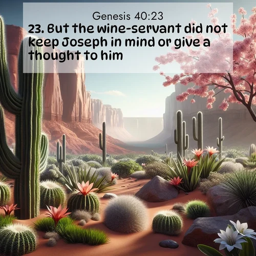 BBE Genesis 40:23 overlaying nature image scene: Desert cacti burst with spring blooms against red sandstone formations.;23. But the wine-servant did not keep Joseph in mind or give a thought to him.