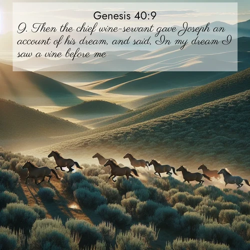 BBE Genesis 40:9 overlaying nature image scene: Wild mustangs gallop across sage-covered hills in the morning light.;9. Then the chief wine-servant gave Joseph an account of his dream, and said, In my dream I saw a vine before me;