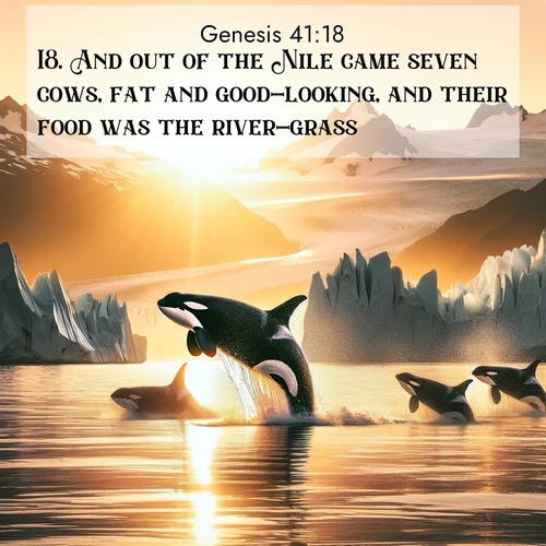 BasicEnglish Genesis  ; image nature: image with the bible verse :And out of the Nile came seven cows, fat and good-looking, and their food was the river-grass; ; Discover our unique collection of Bible verse images integrated with photos showcasing the majesty of nature, such as rocky mountains, ancient trees, and crystal-clear lakes. These images feature luminous colors and text in varied fonts, reflecting the harmony of God&#039;s creation. Download verses like KJV Genesis 41:18. Current verse is overlayed with the thematic nature scene : Wild orcas breach in sunset-painted waters. Their splashes echo off glacier walls. ; 41:18