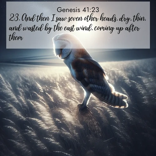 BasicEnglish Genesis  ; image nature: image with the bible verse :And then I saw seven other heads, dry, thin, and wasted by the east wind, coming up after them: ; Admire our free collection of Bible verse images with beautiful landscapes like sunlit forests, rippling waters, and radiant dawns. Each verse, such as KJV Genesis 41:23, is ready to download and share. Current verse is overlayed with the thematic nature scene : A barn owl quarters silent fields. Moonlight turns meadow grass to silver. ; 41:23