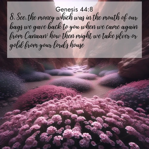BBE Genesis 44:8 overlaying nature image scene: Desert verbena carpets hidden canyons. Flash flood waters carved these gardens.;8. See, the money which was in the mouth of our bags we gave back to you when we came again from Canaan: how then might we take silver or gold from your lord's house?