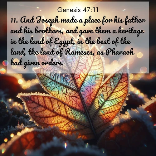 BasicEnglish Genesis  ; image nature: image with the bible verse :And Joseph made a place for his father and his brothers, and gave them a heritage in the land of Egypt, in the best of the land, the land of Rameses, as Pharaoh had given orders. ; Admire Bible verse images capturing the beauty of beaches, with turquoise waters, palm trees, and peaceful shores. These soothing scenes reflect God&#039;s serenity and majesty. Download and share verses like KJV Genesis 47:11. Current verse is overlayed with the thematic nature scene : Frost crystals form intricate patterns on a fallen leaf. Morning sun transforms them into rainbow prisms. ; 47:11